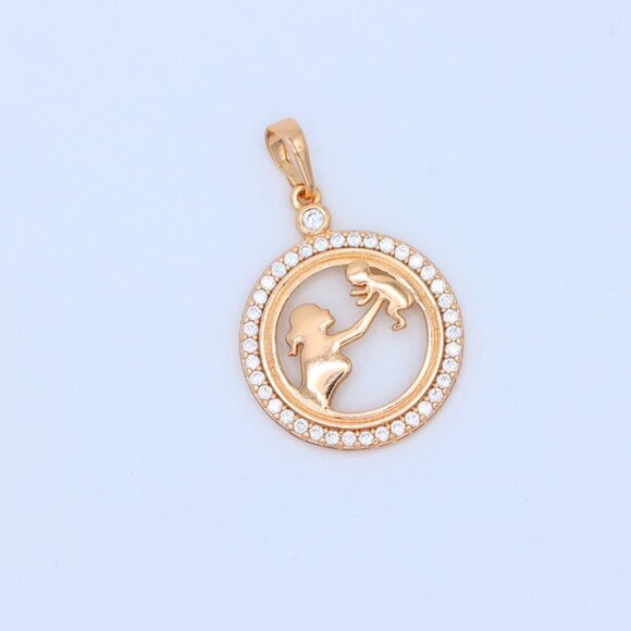 "Rose Gold Circle Pendant with Mother & Child Design and CZ Accents, XPPT1401 - Picture 11 of 13